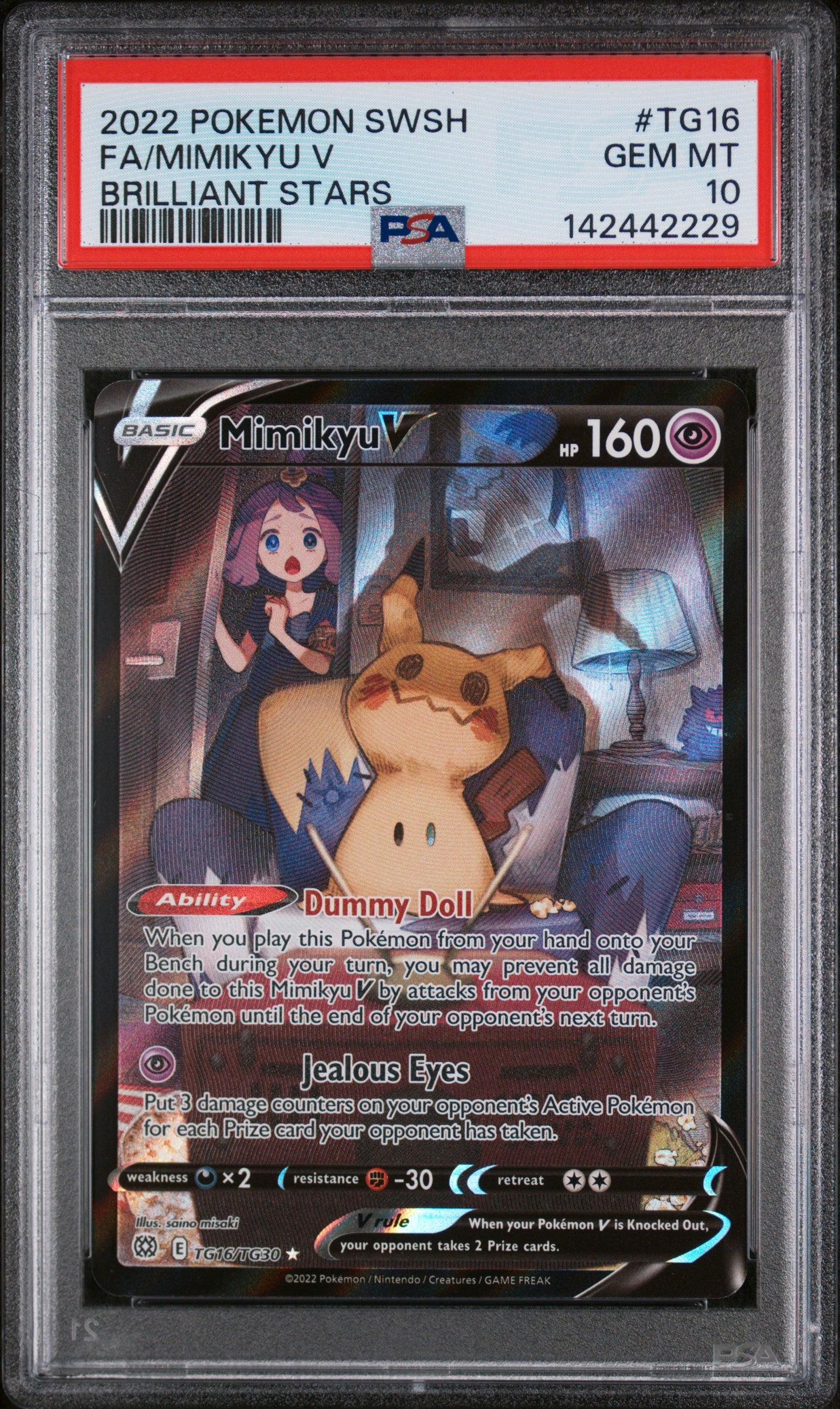 2022 POKEMON SWORD & SHIELD BRILLIANT STARS #TG16 FA/MIMIKYU V BRILLIANT STARS PSA10