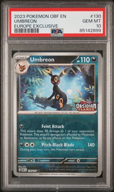 2023 POKEMON OBF EN-OBSIDIAN FLAMES #130 UMBREON EUROPE EXCLUSIVE – PSA 10 – forside