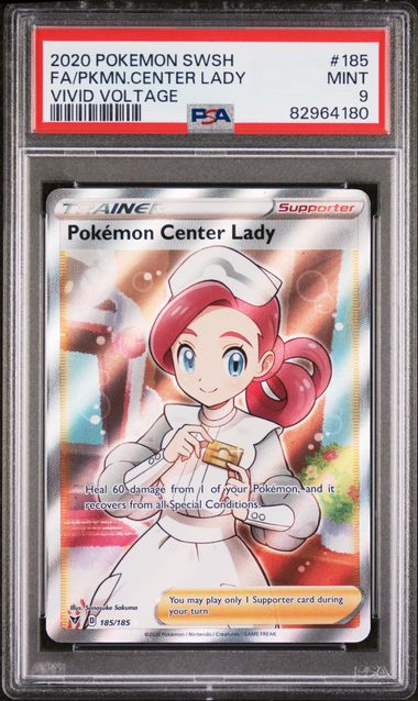 2020 POKEMON SWORD & SHIELD VIVID VOLTAGE #185 FA/PKMN.CENTER LADY VIVID VOLTAGE – PSA 9 – forside