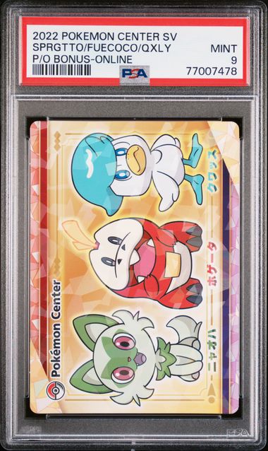 2022 POKEMON CENTER SCARLET & VIOLET PRE-ORDER BONUS SPRGTTO/FUECOCO/QXLY P/O BONUS-ONLINE – PSA 9 – forside