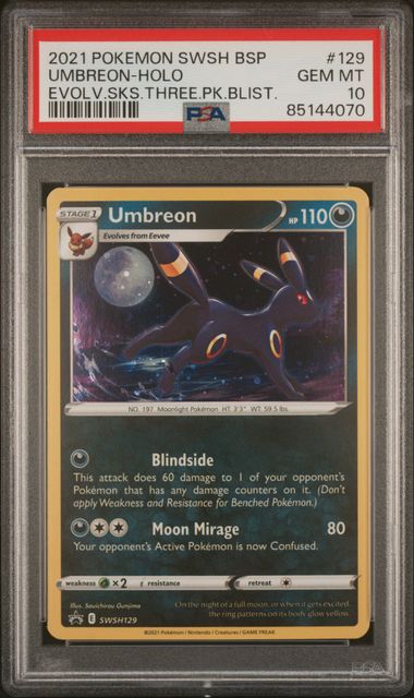2021 POKEMON SWSH BLACK STAR PROMO #129 UMBREON-HOLO EVOLV.SKS.THREE.PK.BLIST. – PSA 10 – forside