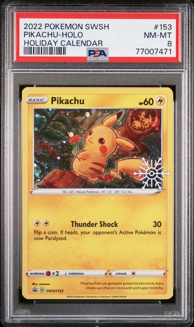 2022 POKEMON SWSH BLACK STAR PROMO #153 PIKACHU-HOLO HOLIDAY CALENDAR – PSA 8 – forside