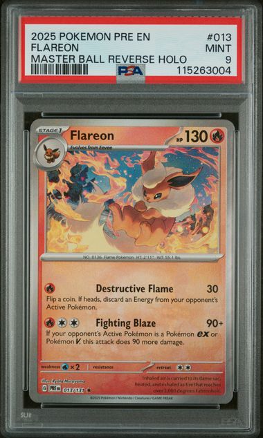 2025 POKEMON PRE EN-PRISMATIC EVOLUTIONS #013 FLAREON MASTER BALL REVERSE HOLO – PSA 9 – forside
