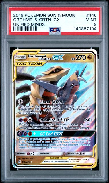 2019 POKEMON SUN & MOON UNIFIED MINDS #146 GRCHMP. & GRTN. GX UNIFIED MINDS – PSA 9 – forside