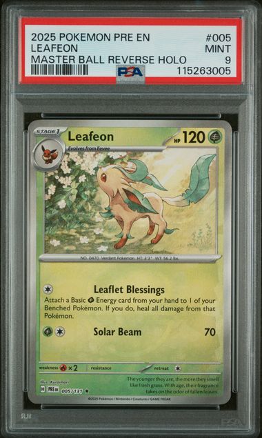 2025 POKEMON PRE EN-PRISMATIC EVOLUTIONS #005 LEAFEON MASTER BALL REVERSE HOLO – PSA 9 – forside